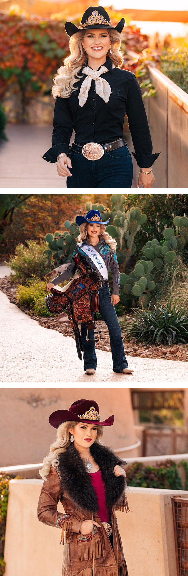 A photo montage. Miss Rodeo America wearing a black hat and black shirt, smiling and posing for the camera. Miss Rodeo America wearing a blue hat and a gray shirt holding her Miss Rodeo America Saddle. Miss Rodeo America is wearing a brown jacket with black fur around the neck/ collar and a maroon hat, posing for the camera.